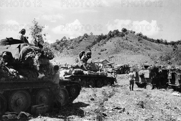 Operation august storm (battle of manchuria), a group of soviet t-34 tanks after a battle against the kwangtung army, manchuria, august 1945.