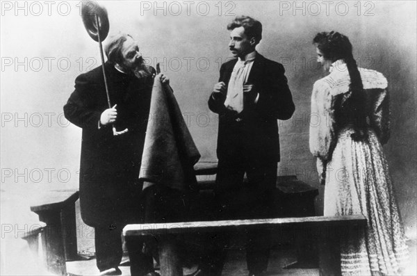 The seagull' by anton chekhov, moscow art theatre production, left to right: luzhsky as dorn; v, meyerhold as treplev; roksanova as nina.