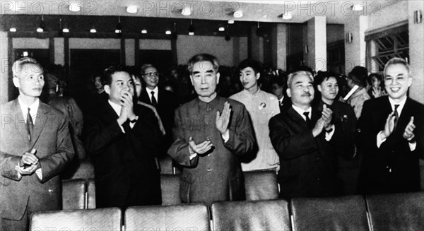 A meeting of solidarity, friendship, and struggle, left to right: phan van dong, premier of the democratic republic of vietnam (north vietnam); samdech norodom sihanouk, cambodian head of state; chinese premier zhou enlai; prince souphanouvong, chairman of the laotian patriotic front; and nguyen huu tho, president of the advisory council of the provisional revolutionary government of the republic of south vietnam, 1971.