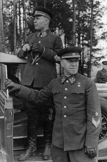 Marshal timoshenko and general georgy zhukov during military maneuvers, fall 1940.