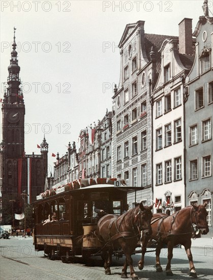 Horse drawn streetcar on a street in gdansk, poland with city hall in the background, 1965.