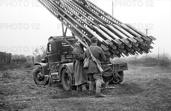 World war 2, katyusha rocket launchers (bm-13) being readied for battle, november 1943.