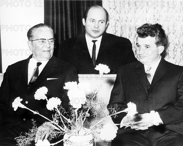 Yugoslavian president tito (l) and romanian general secretary ceausescu talk at timisoara near rumanian - yugoslav border feb, 1969.