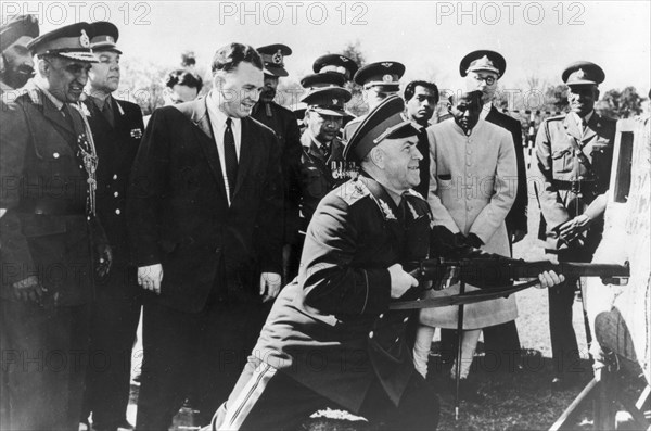 Marshal georgy zhukov showing a bayonet assault technique, 1960s.