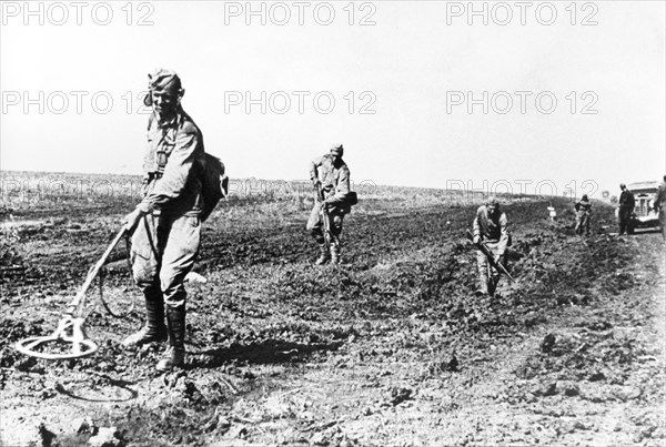 Sappers clearing mine fields of the kursk region after nazi troops' retreat during world war ll.