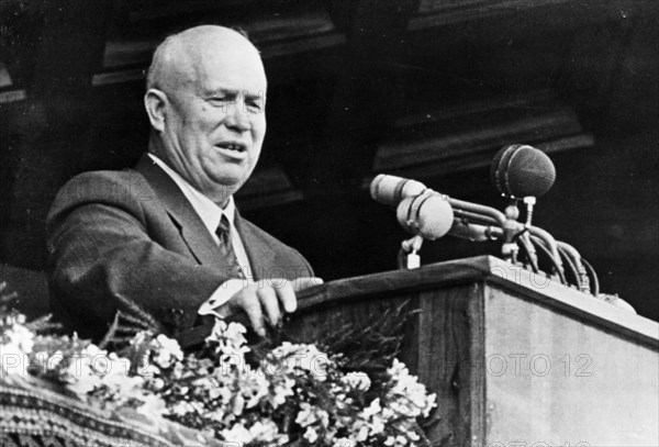 Nikita khrushchev, first secretary of the cpsu central committee, speaking at a large meeting of workers in baku, azerbaijan ssr in 1960.