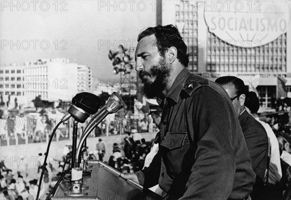 Fidel castro addressing a rally celebrating an anniversary of the cuban revolution of 1959, cuba.