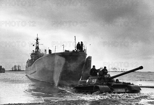 Soviet t-54 tanks of the naval infantry (marines) landing during maneuvers, may 1969.