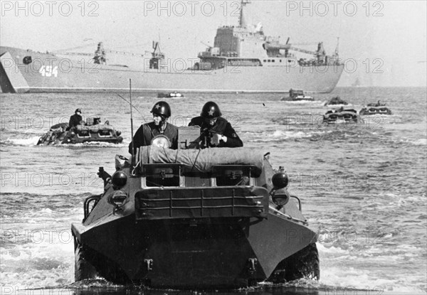 Warsaw pact maneuvers, poland, joint training of ussr, czechoslovakian, gdr, and polish troops, soviet naval infantry landing with btr-60's, october 1969.