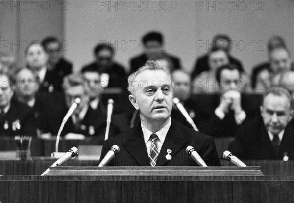 Eduard shevardnadze, first secretary of the central committee of the communist party of georgia, speaking at the joint jubilee session of the cpsu central committee, the ussr supreme soviet, and the rsfsr soviet on december 22, 1972 marking the 50th anniversary of the formation of the soviet union,.