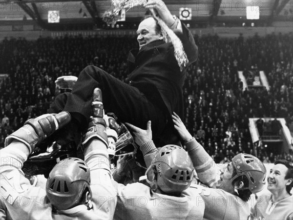 1973 world ice hockey championships, chief coach v, bobrov being hoisted up by the soviet hockey team after winning  the championship game against sweden 6 - 4.