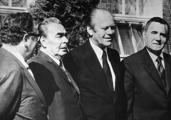 Leonid brezhnev, general secretary of cpsu central committee met with u,s, president gerald ford at european security and cooperation conference in hensinki, finland, july 30, 1975, far left: henry kissinger, u,s, secretary of state, far right: a, a, gromyko, ussr foreign minister.