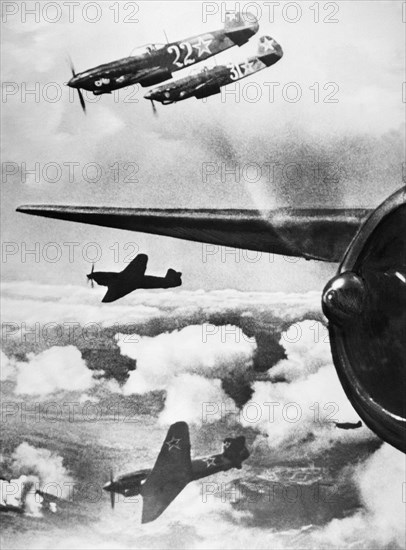 Soviet aircraft attack enemy positions in sapun-gora, near sevastopol, the crimea.