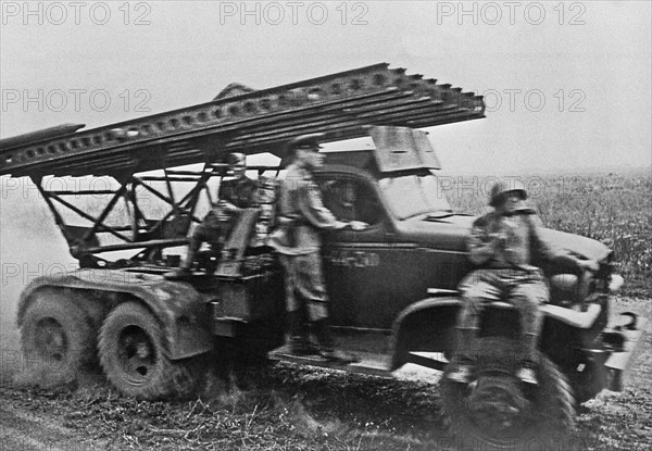 Belgorod line of advance, katyusha multiple rocket launchers move to the front, april 1944.