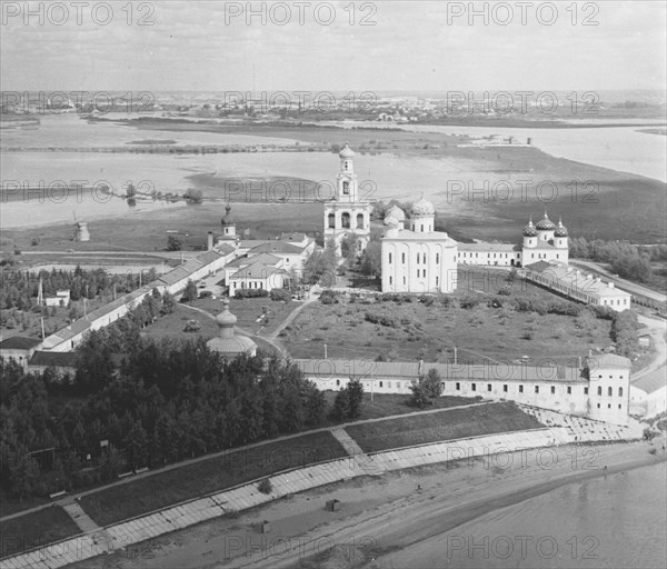 Novgorod, russia - yuryev monastery complex with st, george cathedral, center.