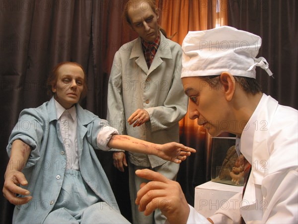 Headline: wax figures exhibition 'on the brink' caption: tas19: moscow, russia, april 18, 2003, the composition in the doctor's study (in pic), the st,petersburg museum of wax figures opened the exhibition 'on the brink' to show the destructive influence of narcotics,(photo itar-tass / andrei kuzin)  .