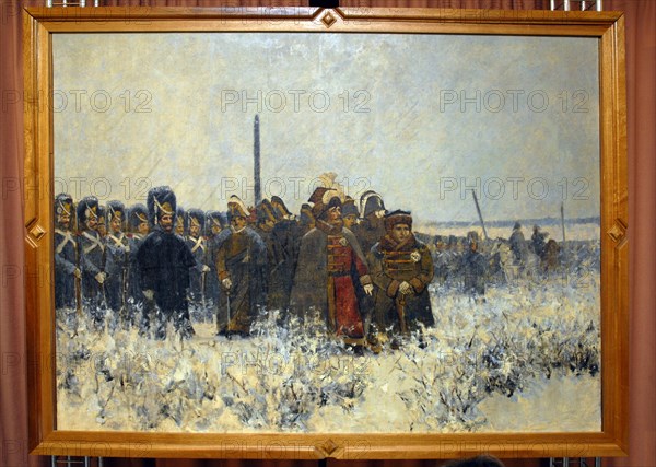 Moscow, russia,  painting 'napoleon's army crossing the berezina river' by artist vasily vereshchagin on display in the state history museum at the exhibition commemorating the 200th anniversary of the patriotic war of 1812 against napoleon, april 2007.