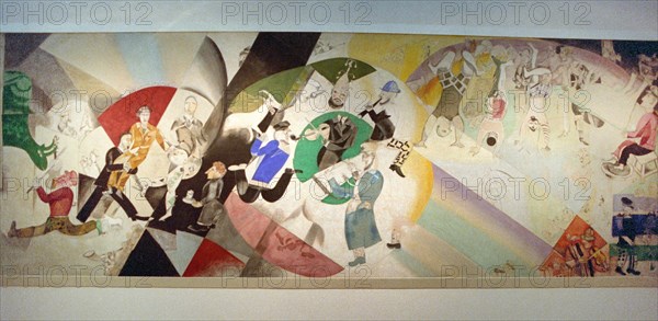 Introduction to jewish theater' painting by marc chagall for the state jewish theater in moscow, ussr, 1920s.