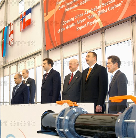 Azerbaijan, may 25, 2005, turkish president ahmet necdet sezer, georgian president mikhail saakashvili, u,s, energy secretary samuel bodman, azerbaijani president ilham aliev and bp plc chief executive john brown (l-r) attend an inauguration ceremony of the azerbaijani section of the baku-tbilisi-ceyhan international pipeline at the sangachal oil terminal, about 25 miles south of baku.