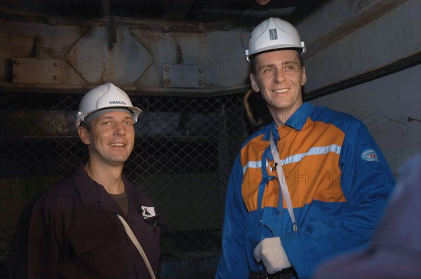 Norilsk, russia, march 21, norilsk nickel ceo mikhail prokhorov and companyi´s future ceo denis morozov, r-l, tour the oktyabrsky mine of the norilsk nickel.