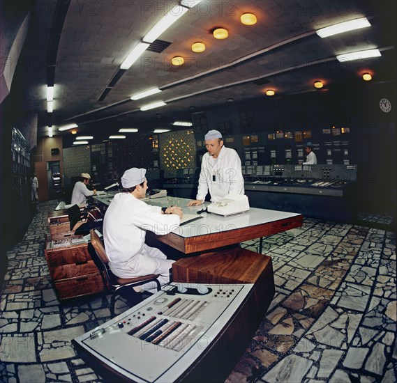 Kiev region, ukrainian ssr, ussr, unit control desk of the chernobyl nuclear power plant, april 18, 1983.