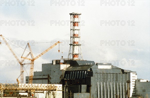 The sarcophagus of the unit 4 reactor, chernobyl aps, ukraine, ussr, june 1987.