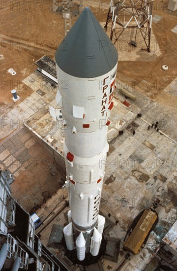 Russian proton rocket carrying the astro observatory, granat, being prepared for launch, 1989.