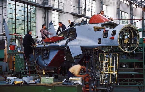 A mig-29 jet fighter plane being built at the moscow aviation association, russia.