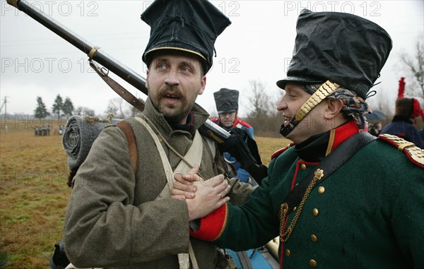 Kaliningrad region, russia, february 9, 2004, members of the international militrary-historical association reproduce some episodes of the preussisch-eylau battle of allied russian and prussian forces against napoleon's troops held in february 1807.