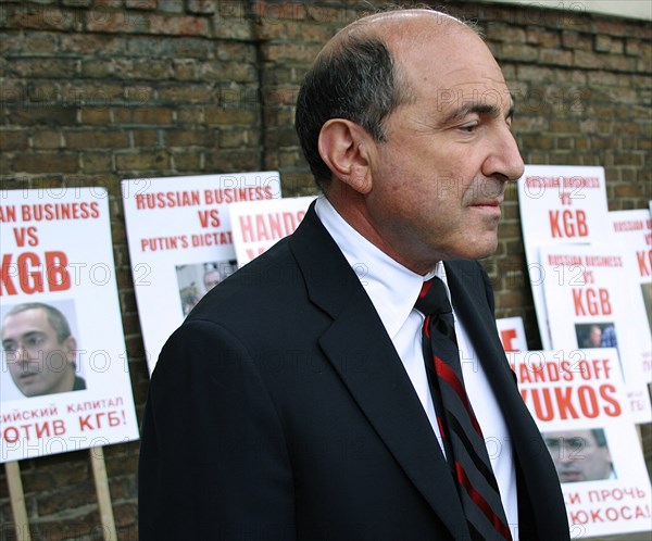 London, great britain, businessman boris berezovsky in front of the russian consulate during the rally staged to demand to free mikhail khodorkovsky from jail, on may 26, 2004.