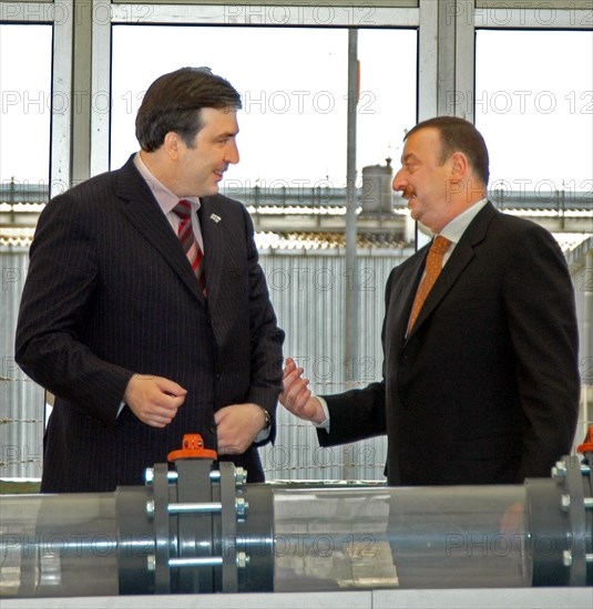 Azerbaijan, may 25, 2005, georgian president mikhail saakashvili and azerbaijani president ilham aliev attend an inauguration ceremony of the azerbaijani section of the baku-tbilisi-ceyhan international pipeline at the sangachal oil terminal, about 25 miles south of baku.