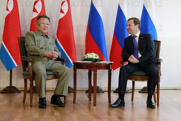 Ulan-ude, russia, august 24, 2011, russia's president dmitry medvedev (r) and kim jong-il (kim jong il), the leader of the democratic people's republic of korea (north korea), the chairman of the national defense commission, general secretary of the workers' party of korea, chat during a meeting in ulan-ude.