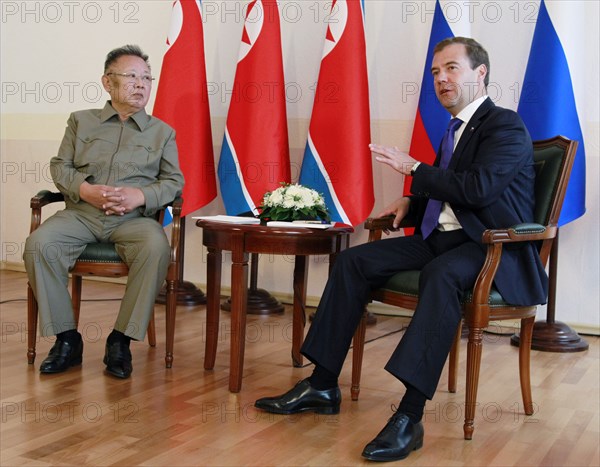 Ulan-ude, russia, august 24, 2011, russia's president dmitry medvedev (r) and kim jong-il (kim jong il), the leader of the democratic people's republic of korea (north korea), the chairman of the national defense commission, general secretary of the workers' party of korea, chat during a meeting in ulan-ude.