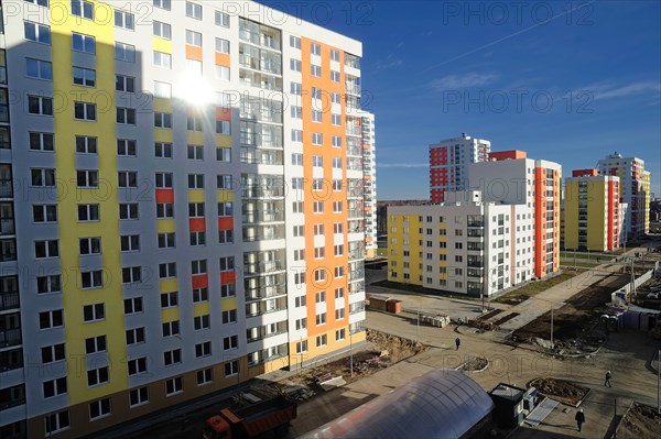 Yekaterinburg, russia, october 7, 2011, newly-built apartment blocks, part of akademichesky housing development, in the city of yekaterinburg, according to renova stroi group, the company managing the project, akademichesky is largest construction project of its kind in russia and europe, the housing development covers an area of 1300 hectares and will house 325 thousand residents upon its completion.