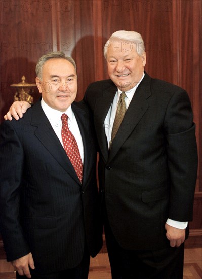 Tas09, moscow, russia, october 26, russian president boris yeltsin (r) pictured with kazakh president nursultan nazarbayev prior to the meeting on tuesday, in the kremlin, then a meeting of the interstate council of the customs union of five cis countries will open in the grand kremlin palace, october 26, 1999.