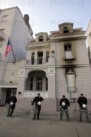 Police officers guarding the us embassy in belgrade, serbia, february 25, 2008.