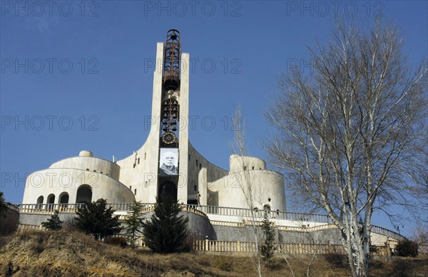 Tbilisi, georgia, february 26, 2008, a large portrait of georgian tycoon badri patarkatsishvili decorates his residence in tbilisi on the day when a civic funeral service for him is held in the city.