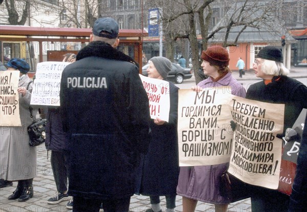 Riga, latvia, april 10 2001: representatives of russian community protesting to support three russian citizens accused of terrorism for their protest action