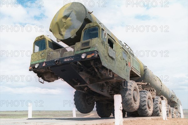 Astrakhan region, russia, may 15 2001: a multi-axle prime mover (in pic) is not that simple to drive, there is a big autodrome at kapustin yar for training drivers for heavy prime movers used for transporting all kinds of rockets, kapustin yar is the central rocket testing ground for all the services of the russian armed forces, (itar-tass photo).