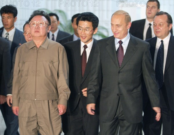 President vladimir putin (r) and visiting north korean leader kim jong-il pictured after their talks in vladivostok, russia on friday, august 23, 2002.