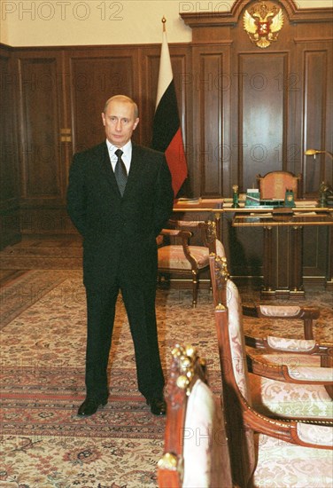 Vladimir putin, president of russian federation, moscow, russia, october 24 2002, president vladimir putin pictured in his office in the kremlin, on thursday,ensuring people's safety should be the prime concern for everyone involved in the hostage release operation, president putin said.