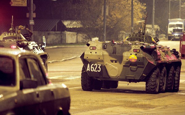 Moscow, russia 10/24: chechen hostage crisis: apcs of russian security forces in vicinity of drubovska theatre center which has been seizeed by chechen terrorists.