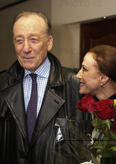 Moscow, russia, november 25 2002: composer rodion schedrin and his wife maya plesetskaya (r) smile following the press-conference over the international music festival 'rodion schedrin, self-portrait', timed to the 70th jubilee of the composer that is to take place in december, the press-conference was held at itar-tass on monday, (photo anton denisov).