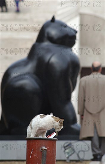 Yerevan,armenia, november 27 2002: the 'cat' sculpture made by famous columbian painter fernando botero was set up in downtown yerevan in the park facing the opera theatre,this sculpture started the collection of the modern arts museum in the open air , (photo melik bagdasaryan).