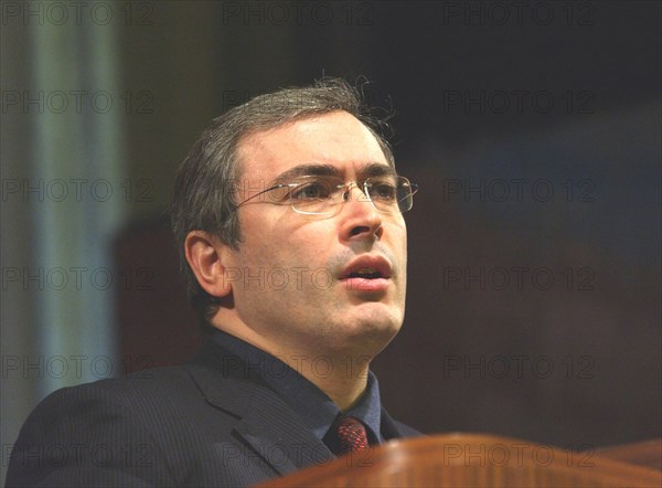 Moscow,russia, december 10, 2002: board chairman of the yukos oil company mikhail khodorkovsky speaking to the participants in the 3rd russian organizations of high social effectiveness seminar on tuesday.