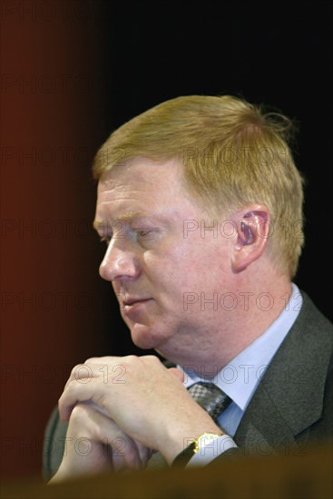 Moscow, russia, december 18 2002, head of the united energy system of russia (rao ees) anatoly chubais (in pic) at all-russia energy forum 'fuel and energy complex in 21st century' that was opened in the state kremlin palace today, (photo itar-tass / vitaly belousov)  .