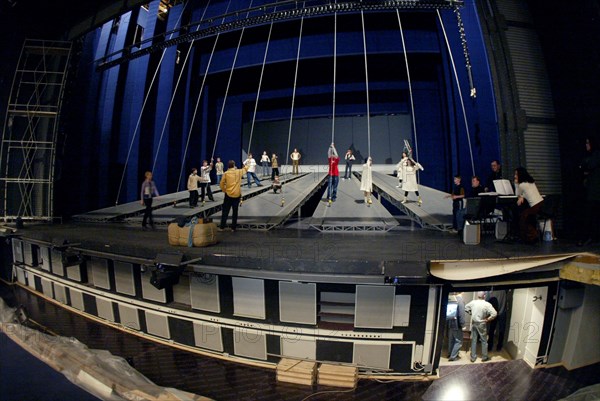 Moscow, russia, january 25 2003: a rehearsal of the nord-ost musical on the stage of the reconstructed building of the dubrovka theatre whose official opening took place on saturday, the performance of the revived musical will be held on february 7, for the first time after the october 2002 tragic events, (photo itar-tass / vitaly belousov).