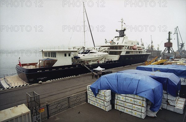 One of chukotka governor roman abramovich's fleet of mega-yachts moored in vladivostok harbor in russia, 2006.