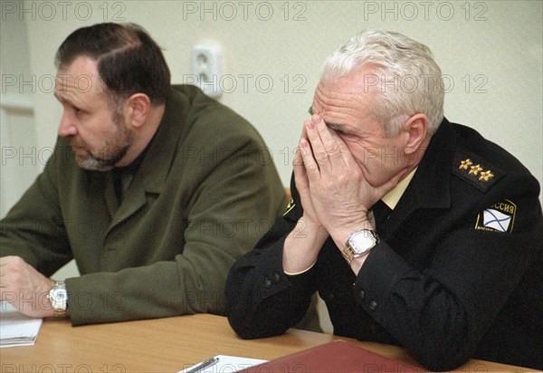 The north sea fleet commander gennady suchkov (r) and his lawyer vladimir cherkasov (l) in the court room of severomorsk garrison court, court hearings of the case of k-159 submarine accident began today, severomorsk, russia, january 12 2004,  lev fedoseyev .