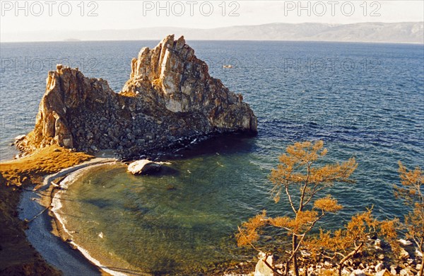 Shaman kamen (shaman rock), olkhon island in lake baikal, local fishermen set off from here to catch omul fish, irkutsk region, siberia, russia.